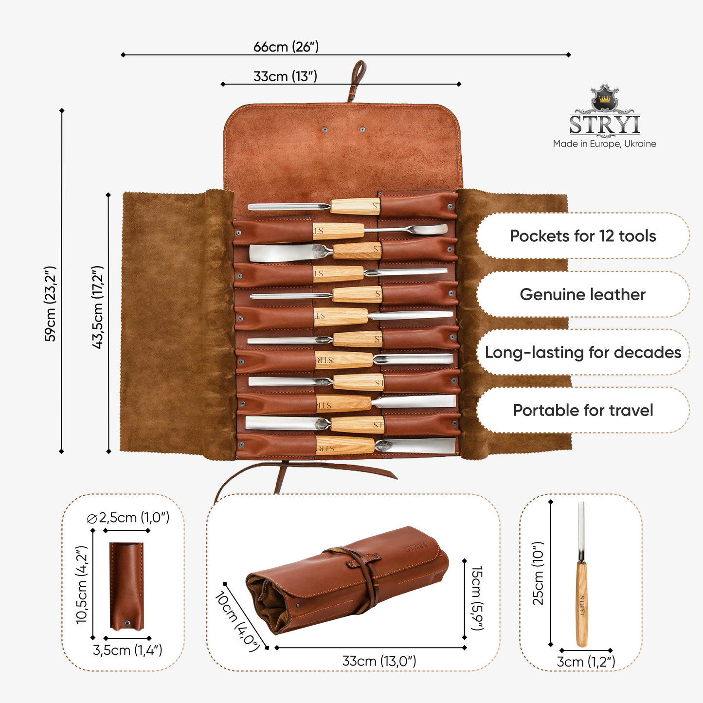 Genuine Leather Storage Roll-case for storage carving tools, Gift for carver