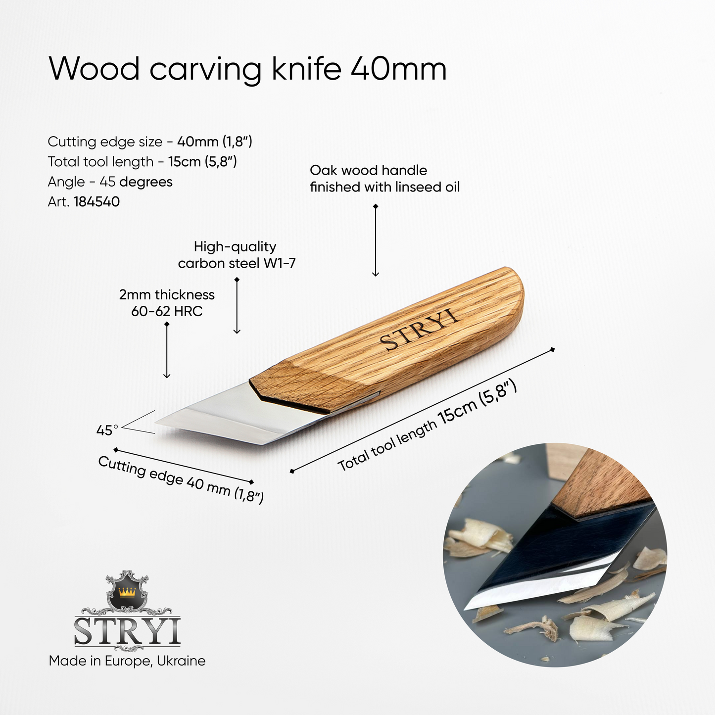 Wide carving knife, carving knife 40mm STRYI Profi, Skewed knife, Knife for sculpting