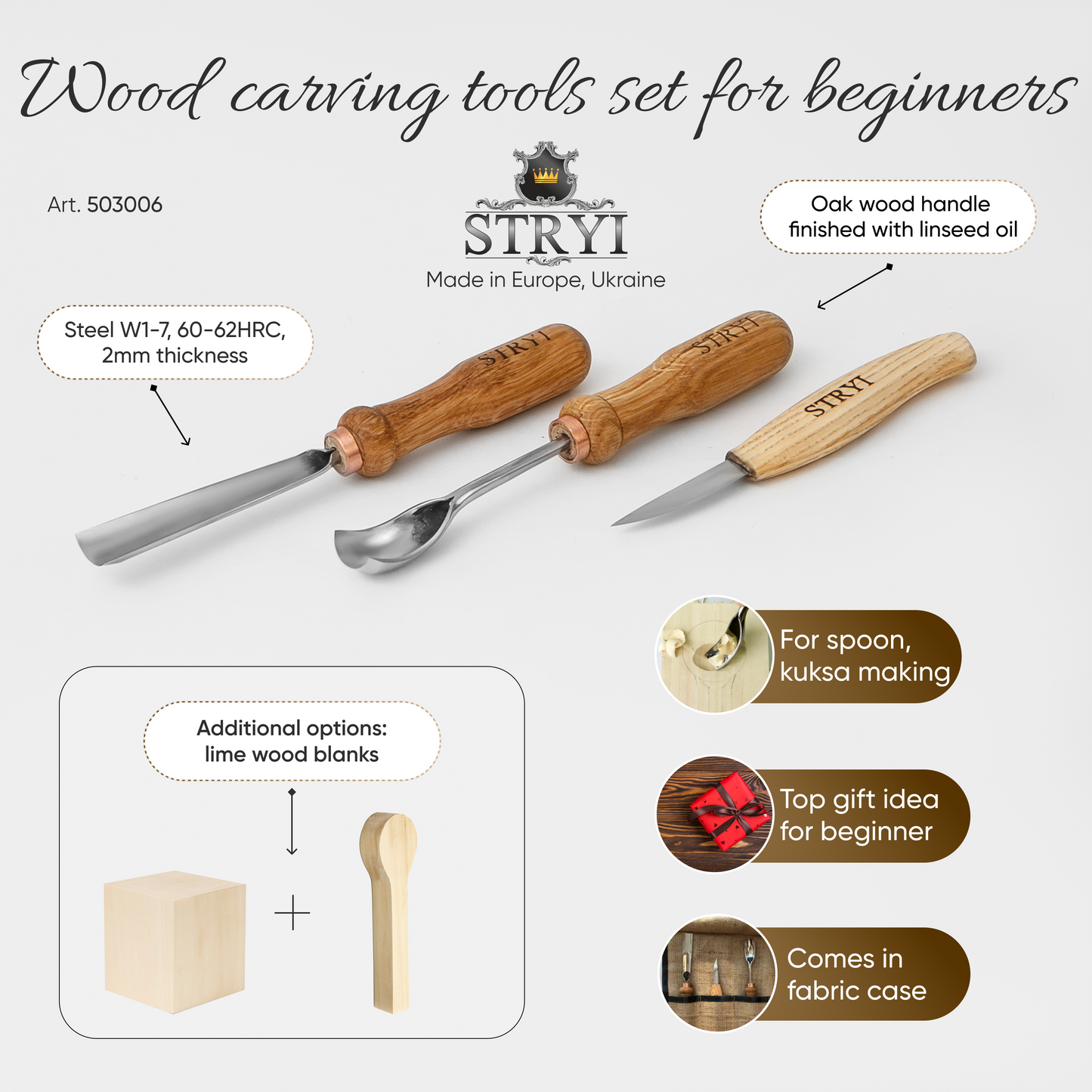 Kuksa, Spoon and cup Carving tools set 3pcs, STRYI Profi, Bowl gouge, Kuksa carving, Spoon making