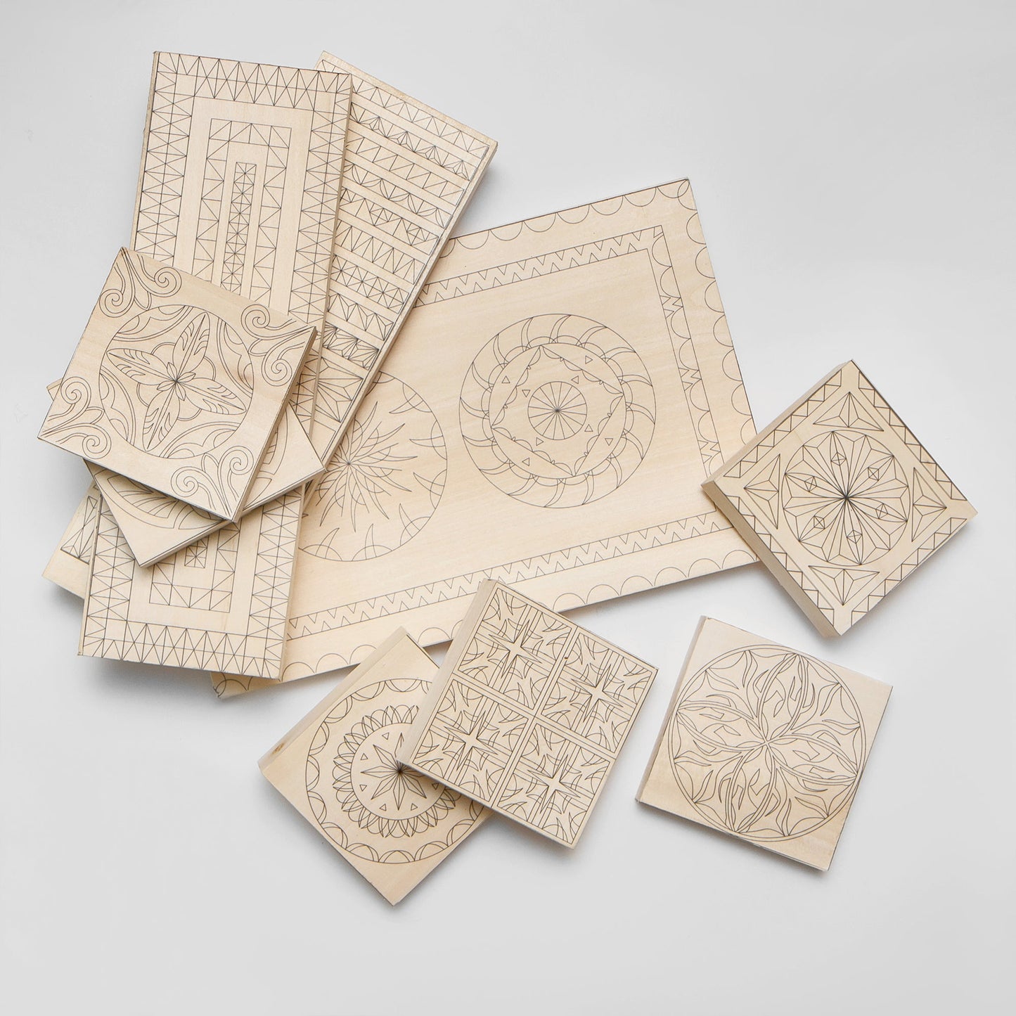Basswood blanks set, 9pcs, printed with carving patterns