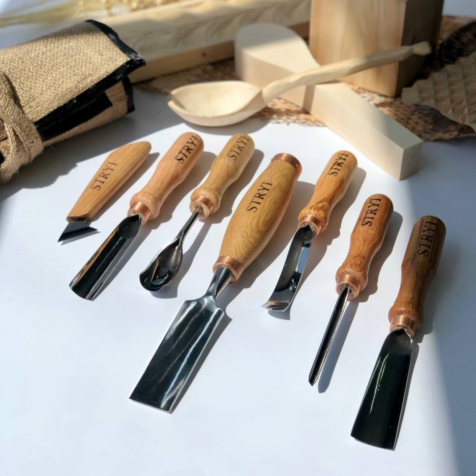 Wood Carving Kit 7 pcs, Chisels and Gouges STRYI Profi, Versatile Carving Set