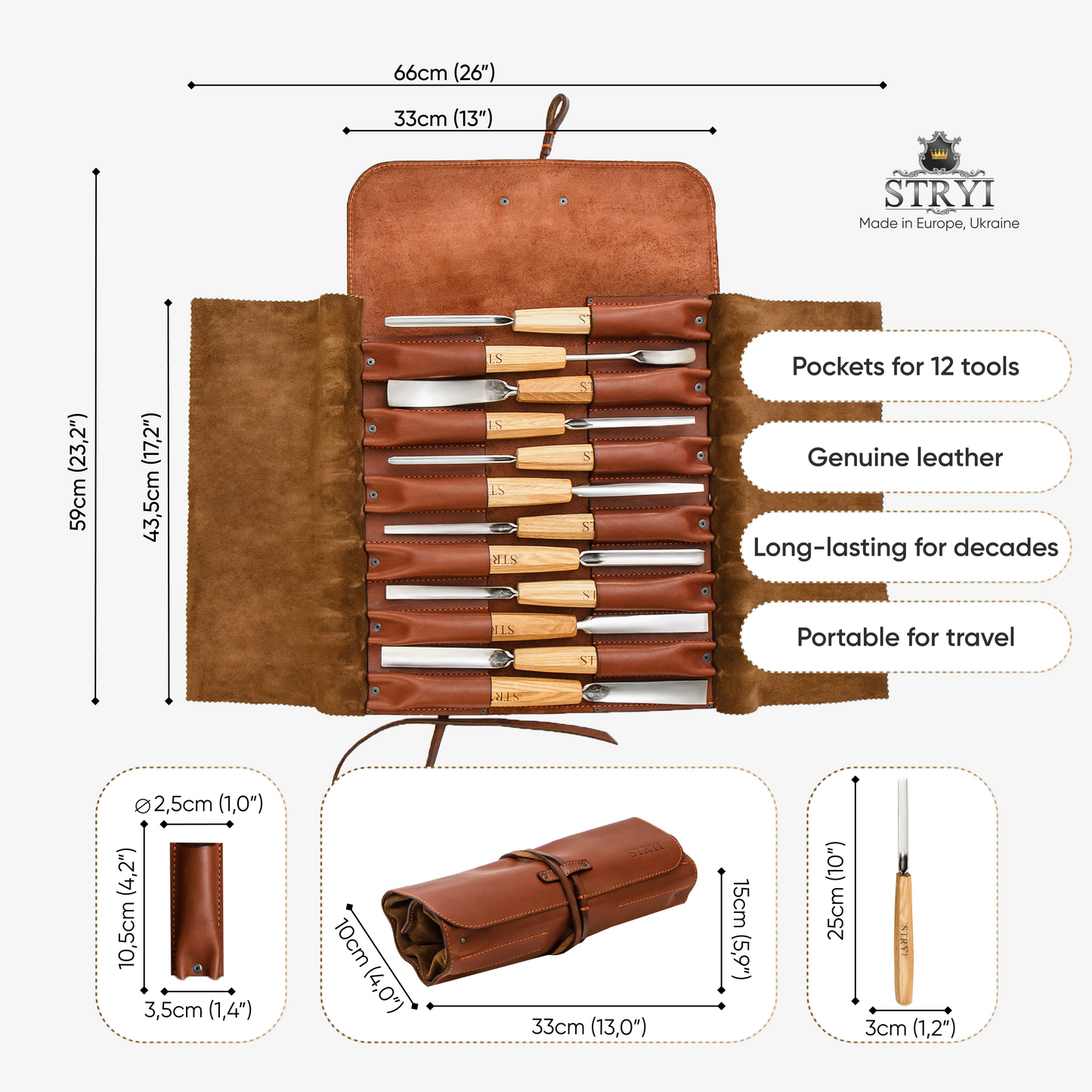 Wood carving kit for relief carving in leather case, 12pcs STRYI Profi, Chisels set, Gouges set, Gift ready