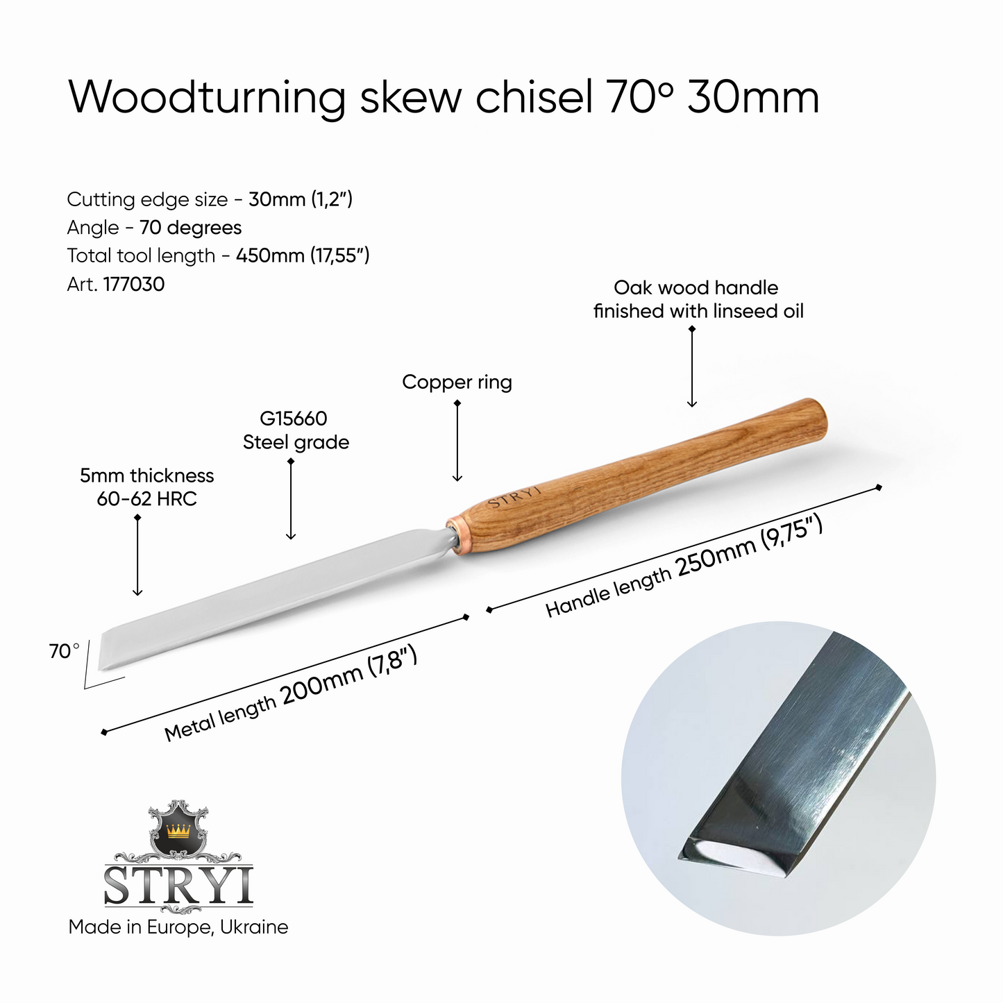 Skew chisel 70 degrees, 30mm, Lathe working tool, Wood turning tool STRYI Profi