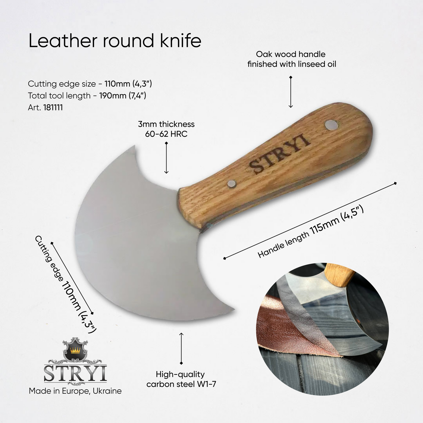 STRYI Profi Leather Round Knife, Half-moon knife for leather cutting