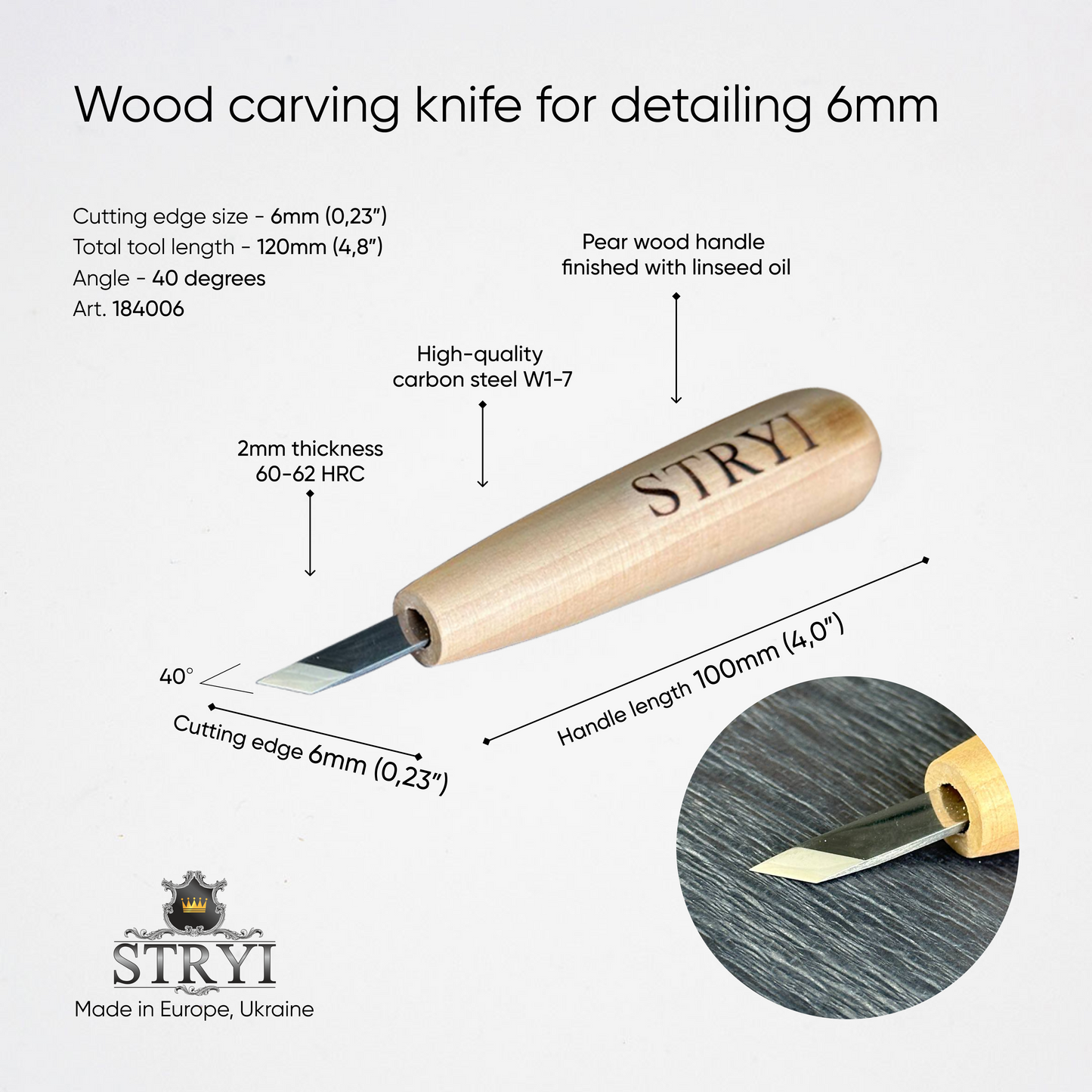 Short skewed knife for detailing STRYI, Scalpel for carving, Carving knife