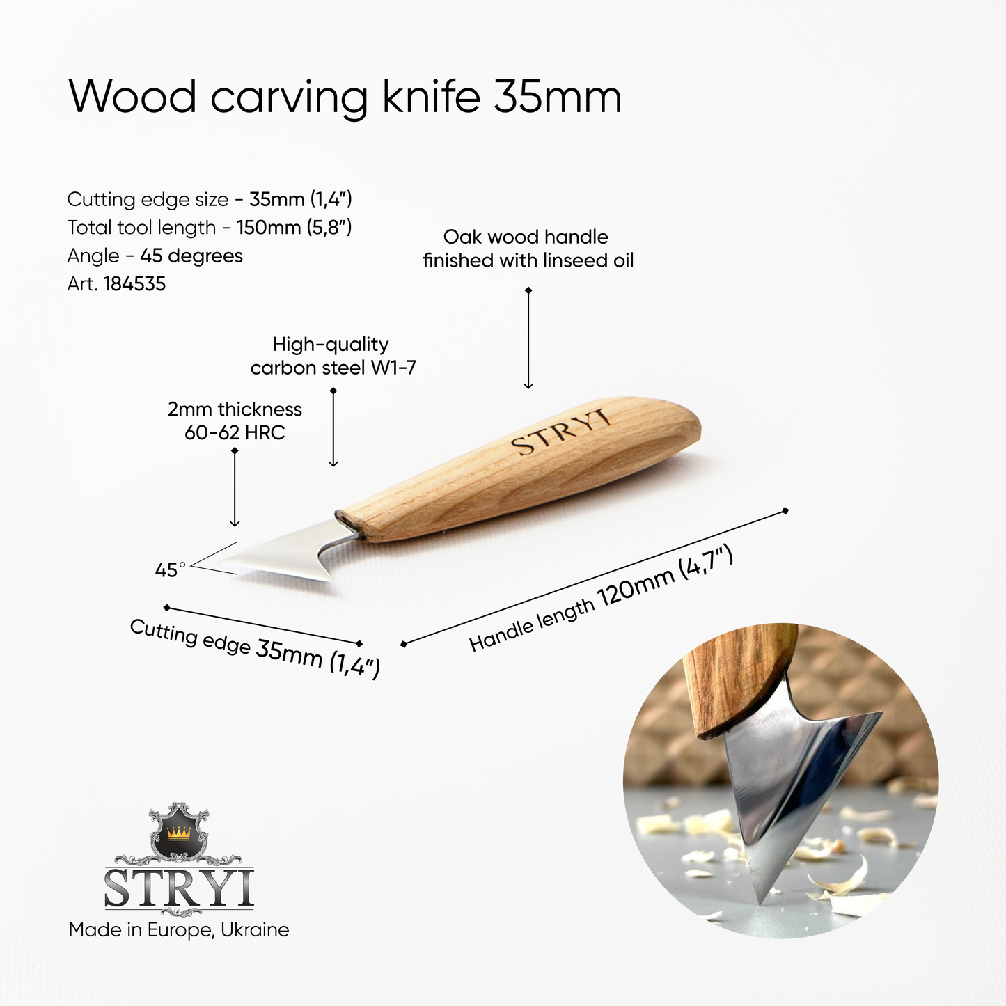 Wood carving knife 35mm STRYI Profi for relief and chip carving, Chip carving knife