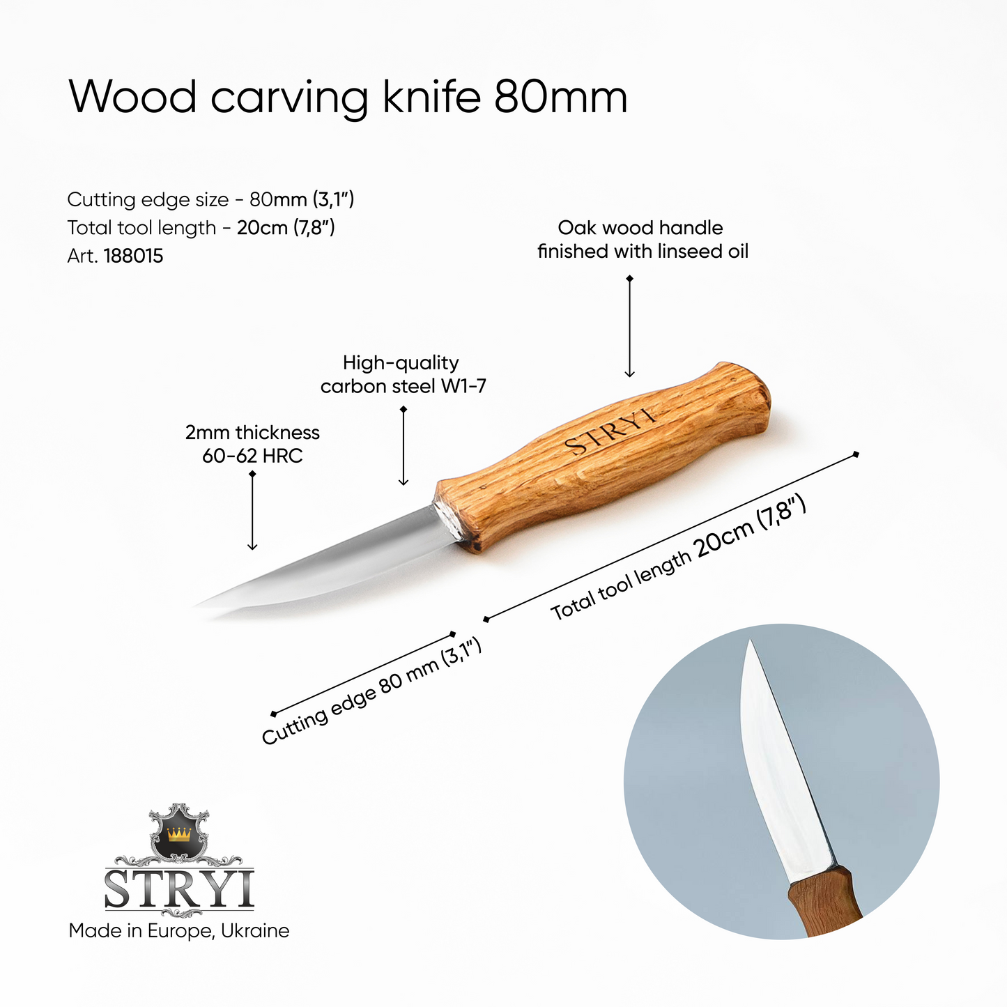 Sloyd knife STRYI Profi for wood carving 80mm, Carving tools, Carving knife, Gift for friend