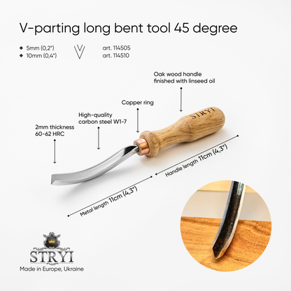 Long Bent V-parting Gouge STRYI 45 degrees, Detailing wood carving, Carving tool