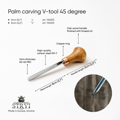 Palm carving V-tool STRYI Profi 45 degree, Engraving tool, Linocutting tool, Burin, V-chisel