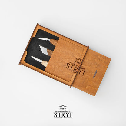 Wood Carving Knives set of 3pcs STRYI Profi in Wooden Storage Box