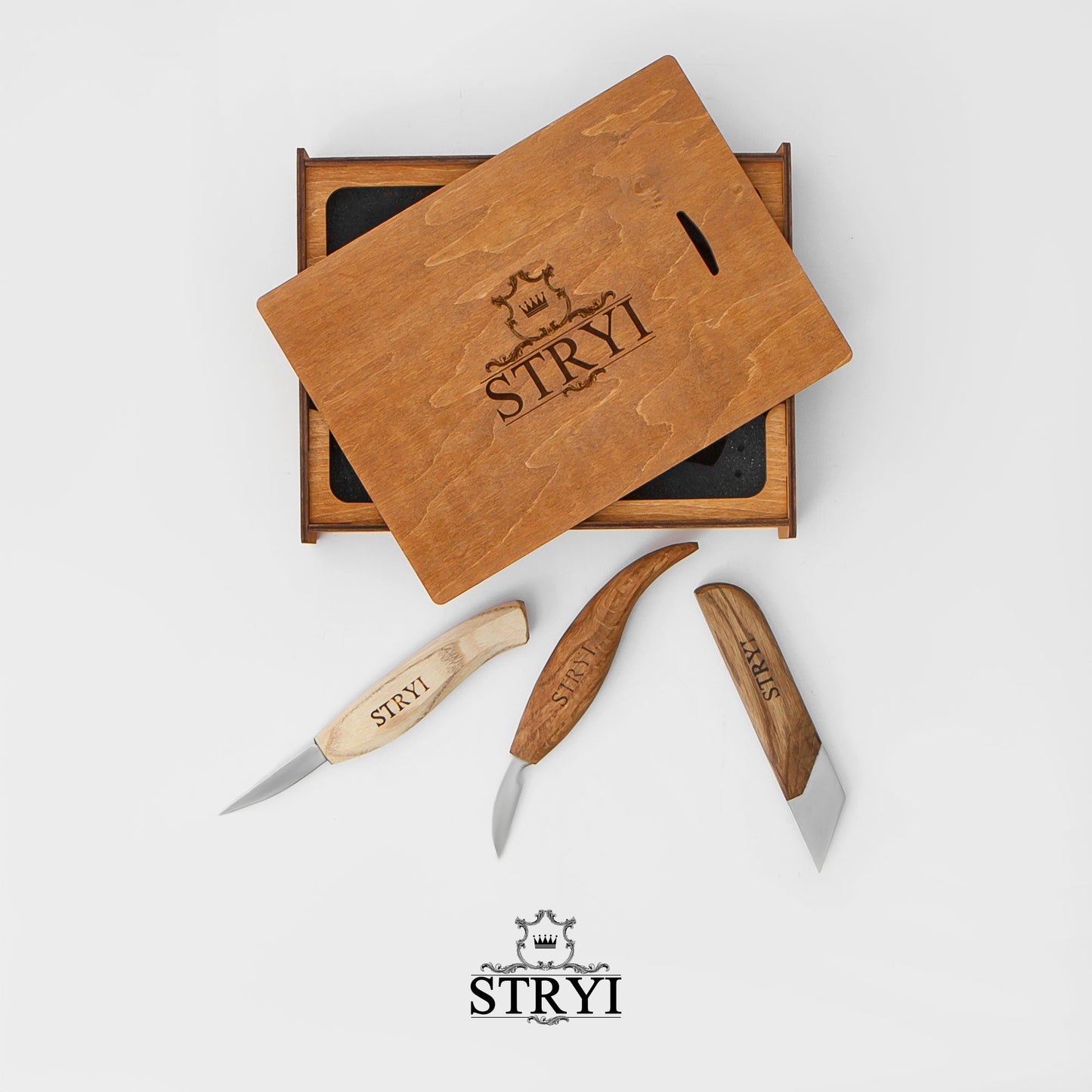 Wood Carving Knives set of 3pcs STRYI Profi in Wooden Storage Box