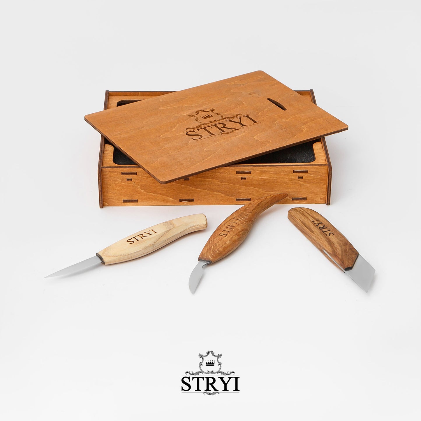 Wood Carving Knives set of 3pcs STRYI Profi in Wooden Storage Box