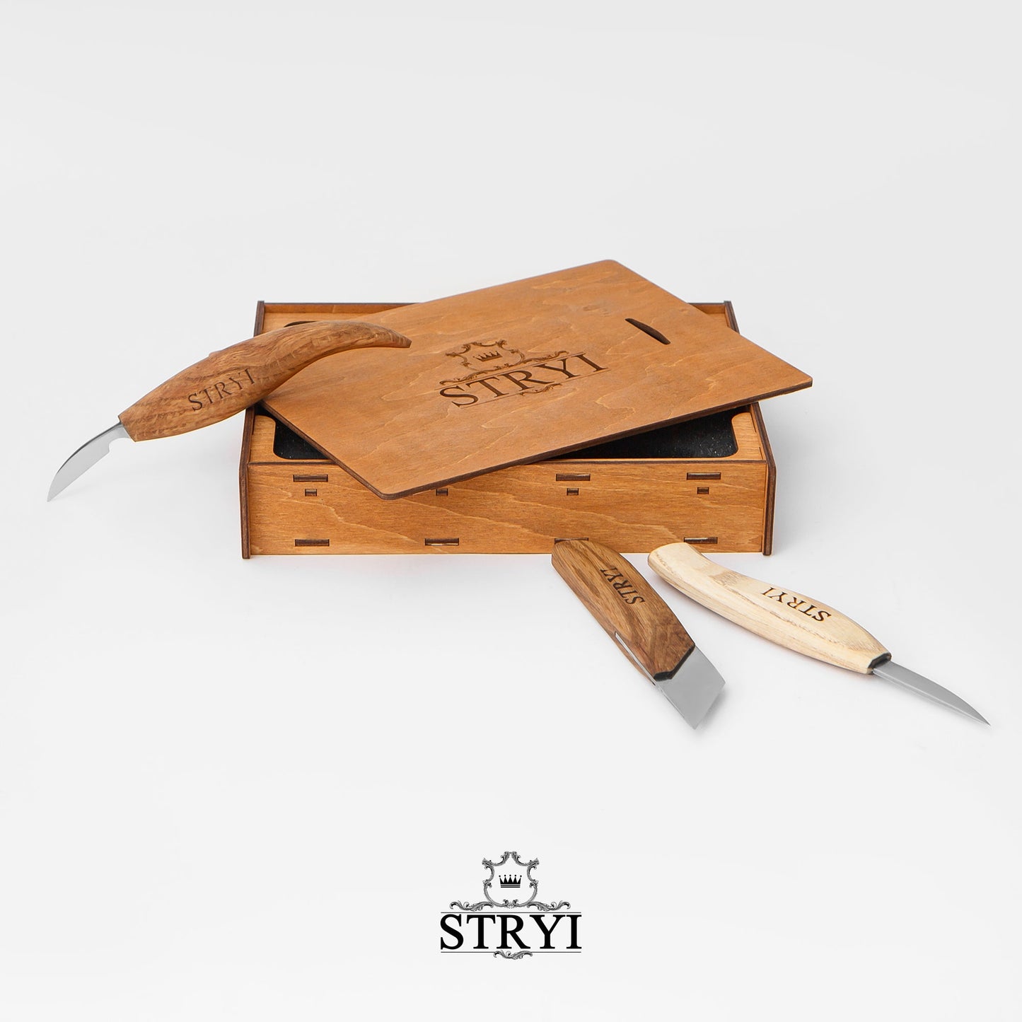 Wood Carving Knives set of 3pcs STRYI Profi in Wooden Storage Box