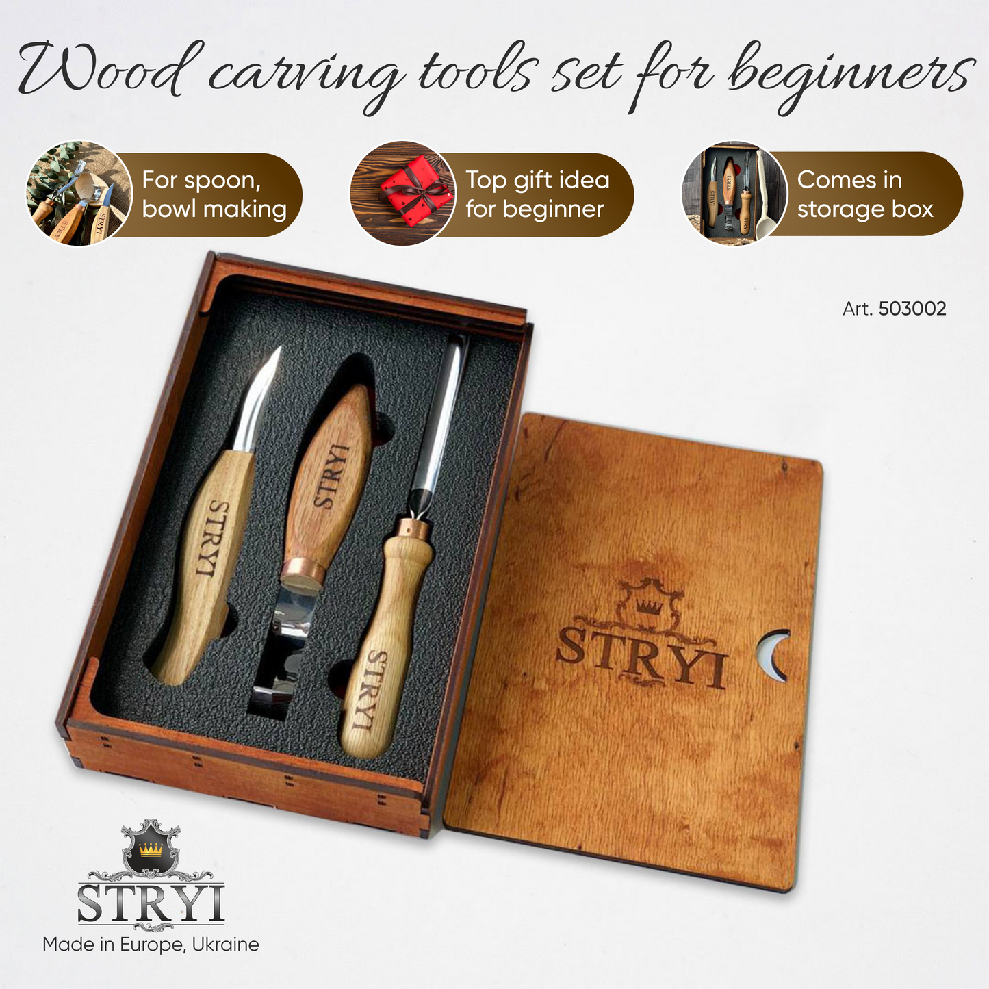 Spoon carving kit,  Wood carving set  3 pcs STRYI Profi, Carving tools, Hook knife, Spoon making