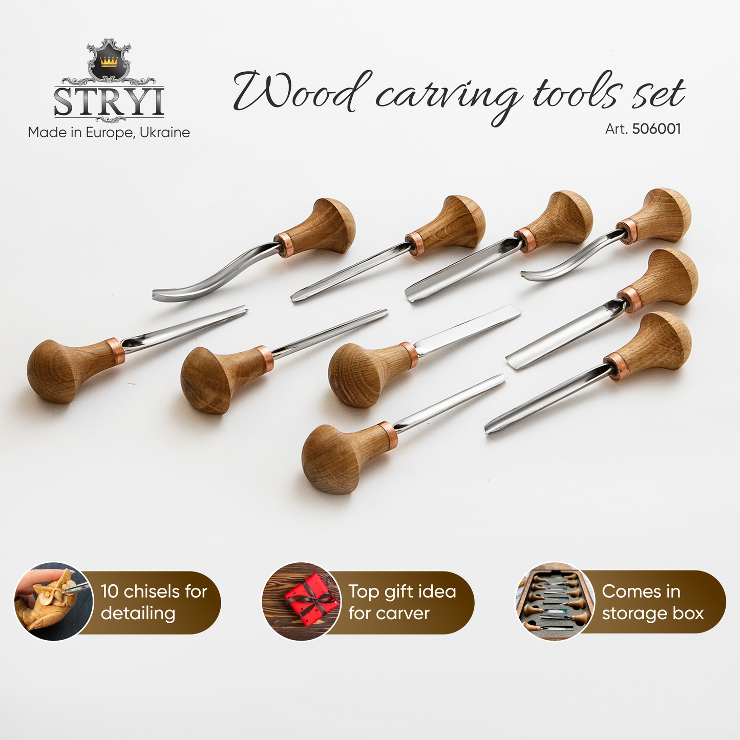 Palm carving tools set of 10 pcs, Gravers and burins toolkit STRYI Profi, Gift ready