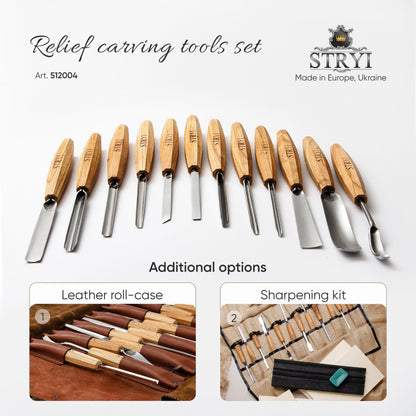 Wood carving kit for relief carving in leather case, 12pcs STRYI Profi, Chisels set, Gouges set, Gift ready