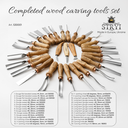 Woodcarving tools set 30pcs STRYI Profi, Gouges set, Chisels set, Woodworking tools