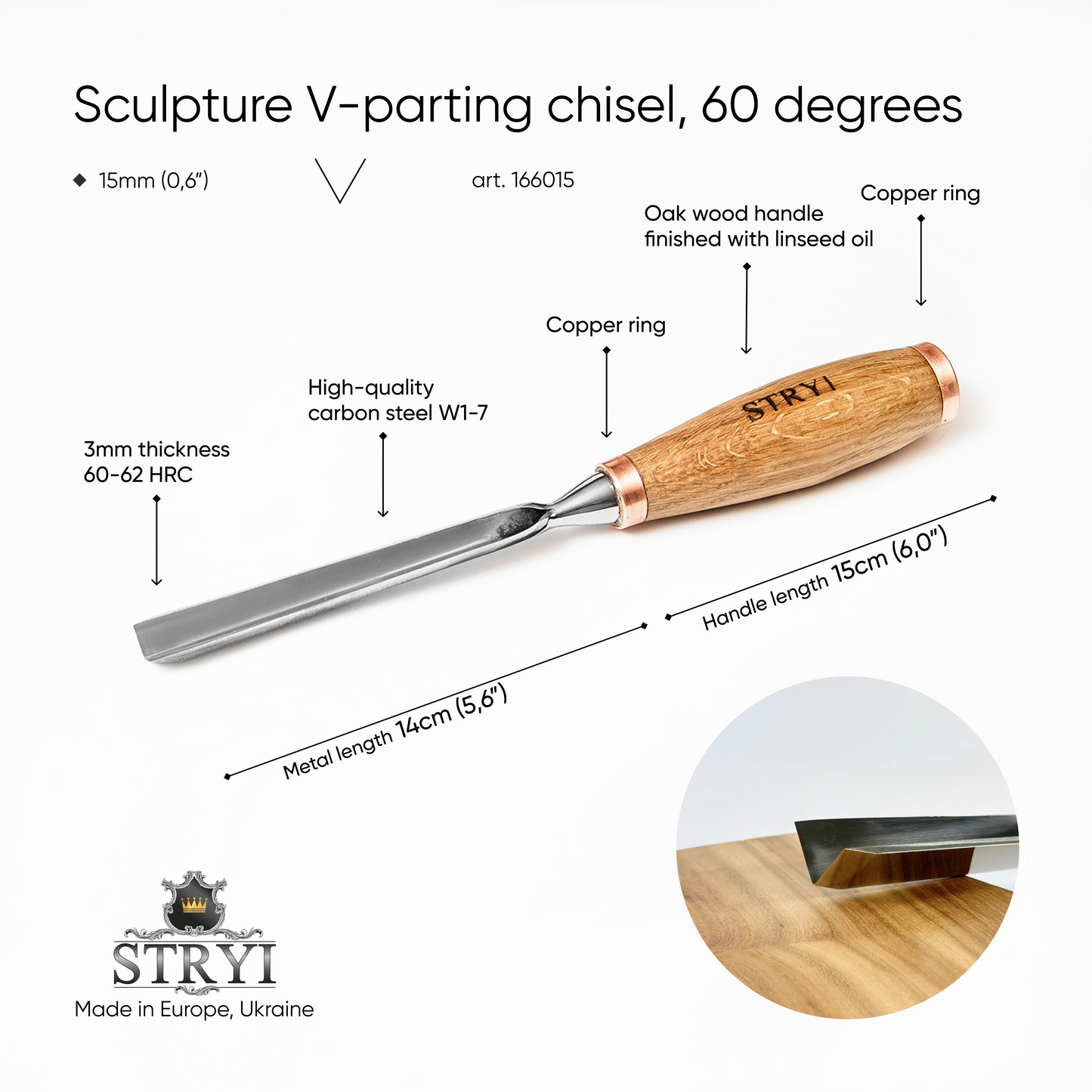 Large sculpture chisel, V-tool 60 degrees 15mm, Heavy-duty gouge STRYI Profi, Wood carving chisel