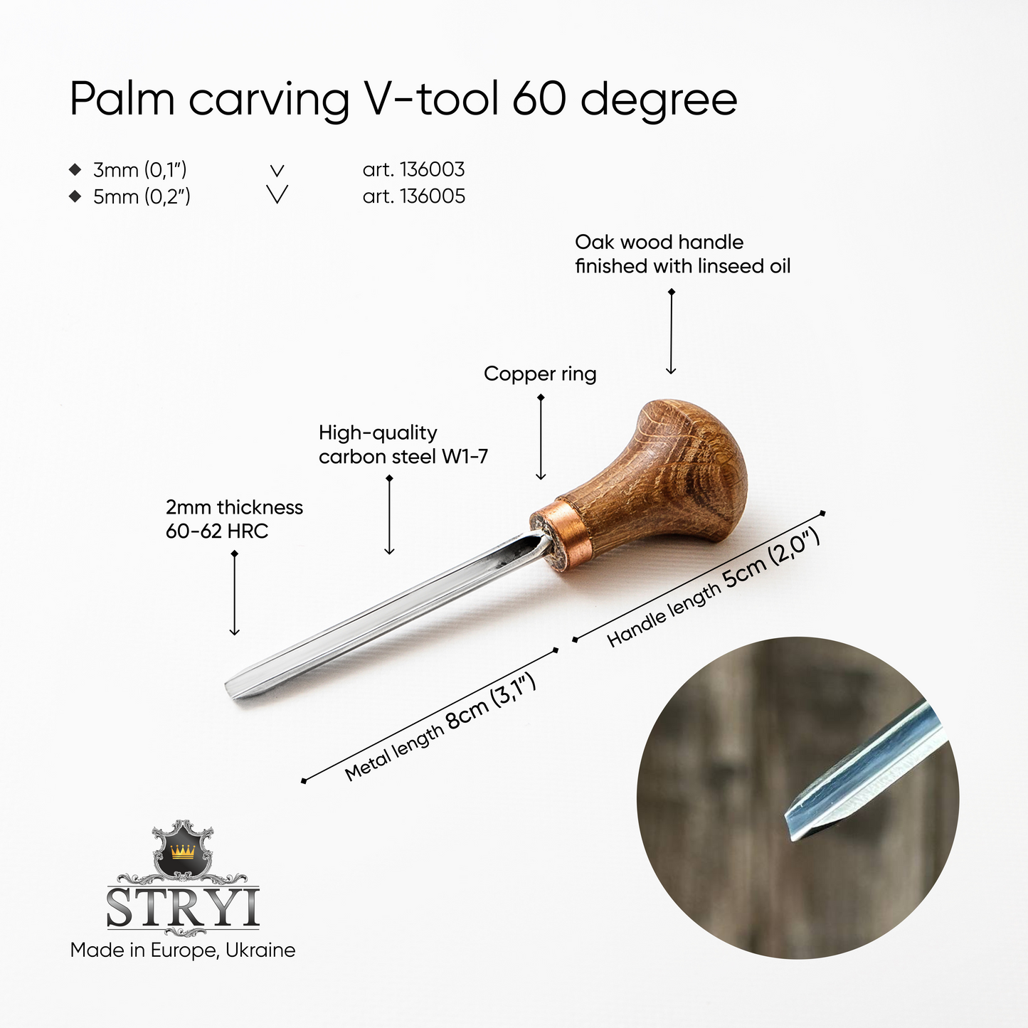 Palm carving V-tool STRYI Profi 60 degrees, Micro carving chisel, Engraving tool, Burin, Graver tool