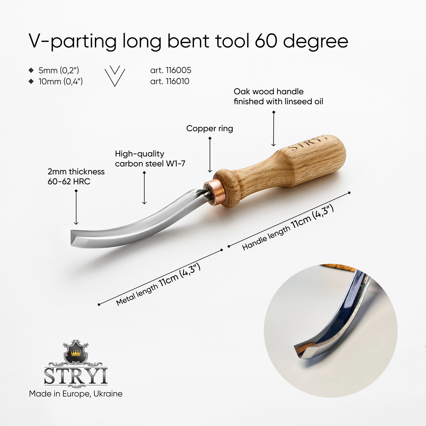 Long Bent V-parting Chisel STRYI Profi 60 degrees, V-parting chisel, Relief carving