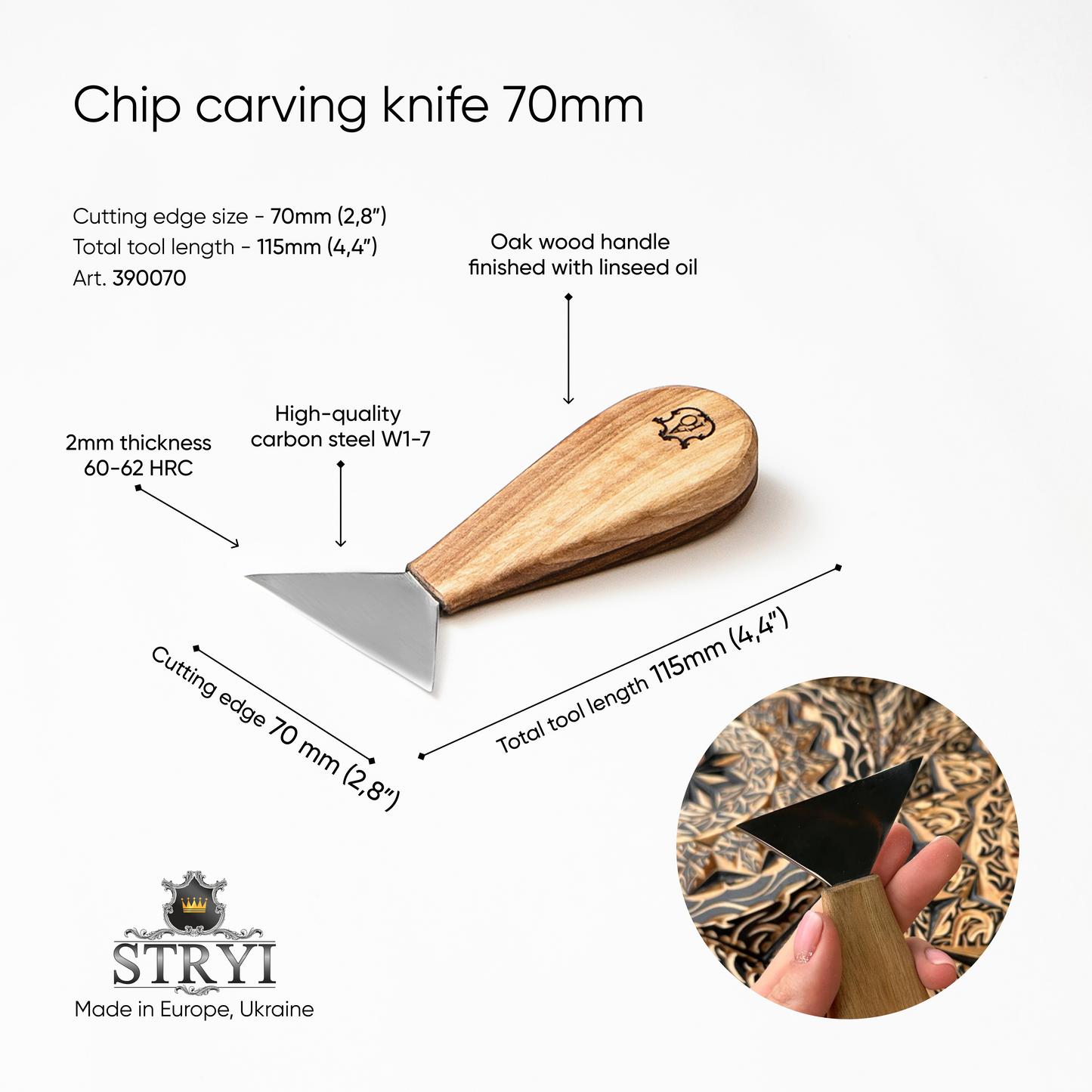 Chip Carving knife 70mm, Triangle knife chisel STRYI-AY Profi