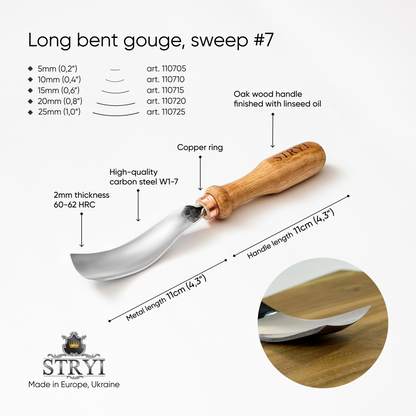 Gouge long bent chisel, #7 profile, Woodcarving tools STRYI Profi, Sloping bent gouge, Carving background