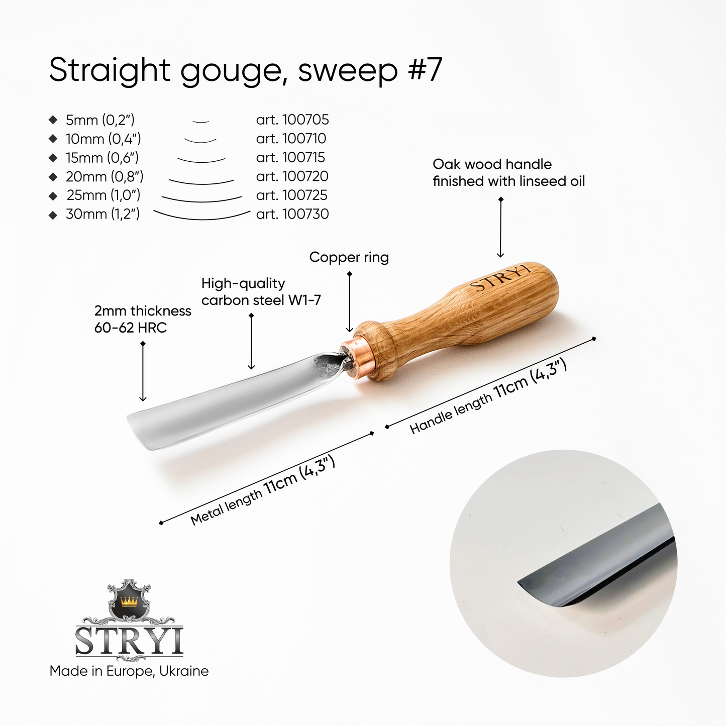 Gouge #7 profile woodcarving chisel STRYI Profi, sloping gouges, Stryi carving tools, gouge, chisels