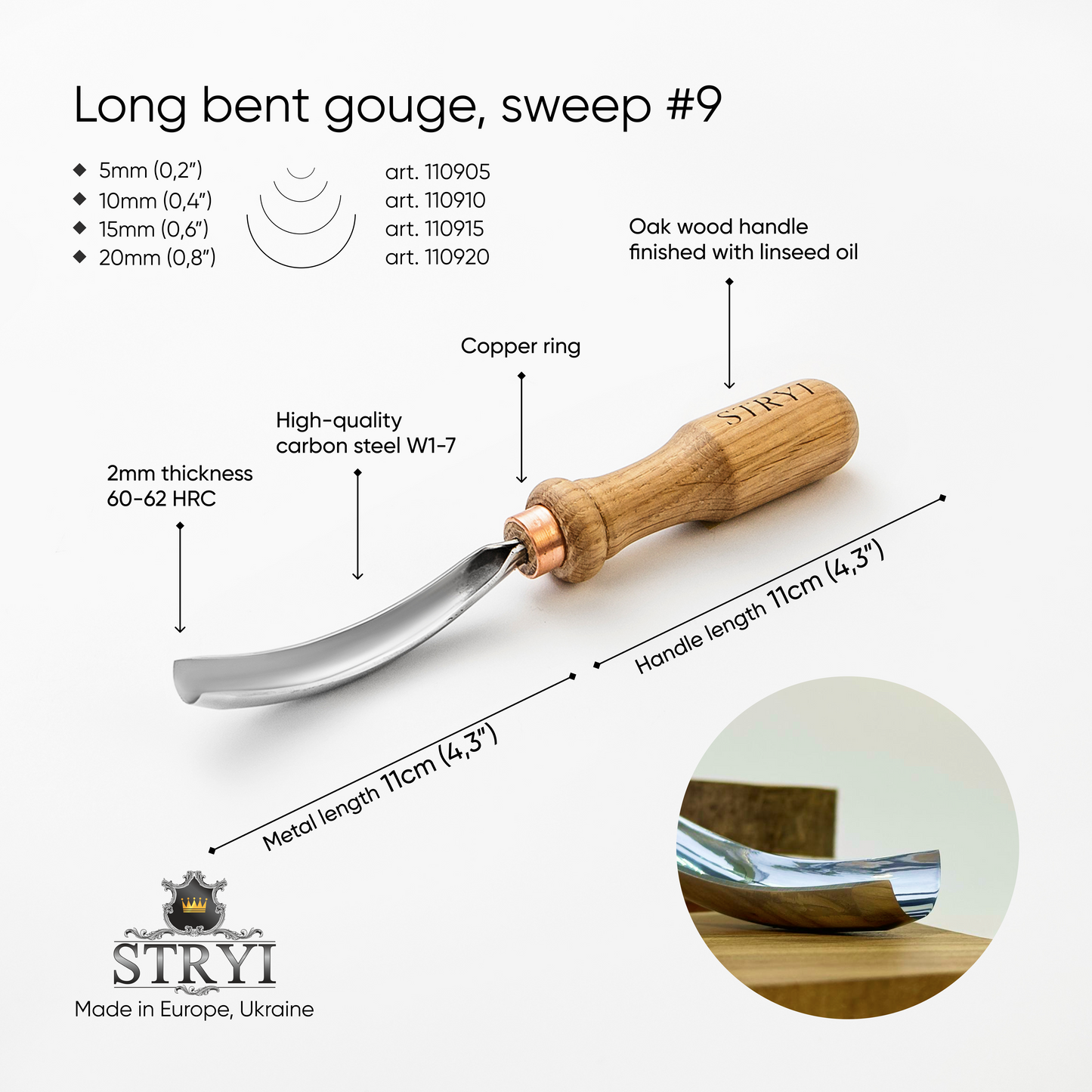 Gouge long bent chisel, #9 profile, woodcarving tools STRYI Profi