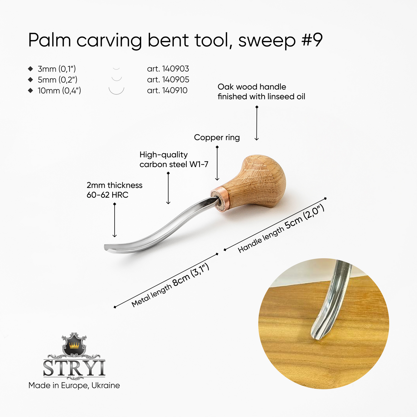 Palm carving bent gouge sweep #9 STRYI Profi , linocutting tool, burins STRYI, palm tool, detailing knife