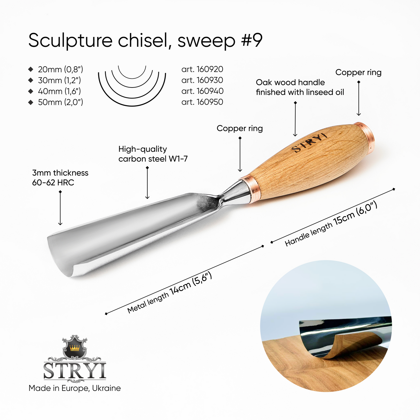 Large sculpture gouge, Heavy duty chisel, 9 profile Semicircular, STRYI Profi, Sculpting tools