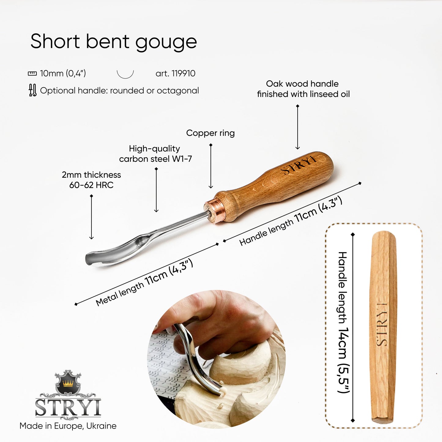 Short bent gouge, wood carving tools, spoon gouge STRYI Profi, carving grooves, carving gouge, gouge