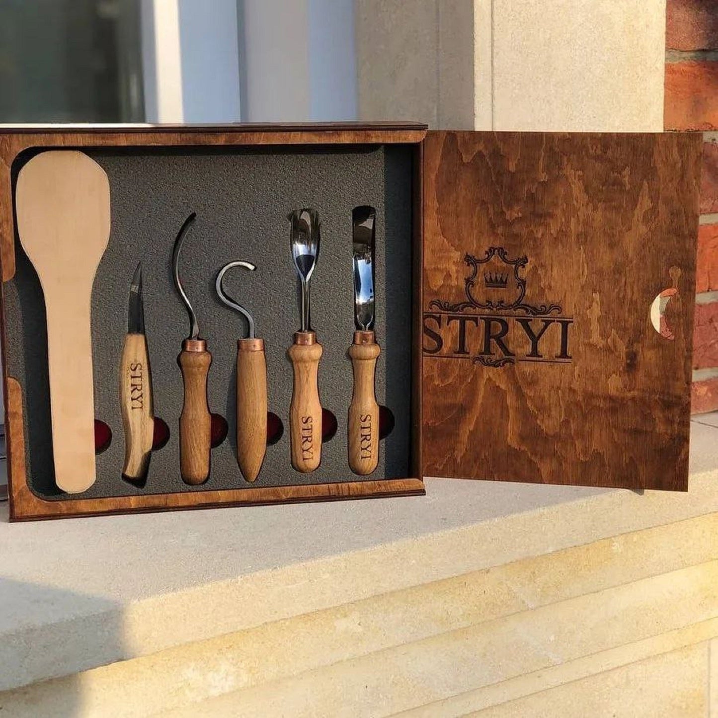 Spoon carving toolset 5pcs STRYI Profi in wooden gift box, Kuksa gouges, Bowl carving, Gift ready