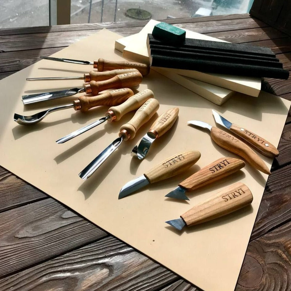 Wood carving  toolset 12 pcs Chisels and Gouges  STRYI Profi, Tools for wood carving, Woodworking kit