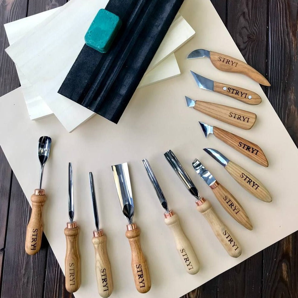 Wood carving  toolset 12 pcs Chisels and Gouges  STRYI Profi, Tools for wood carving, Woodworking kit