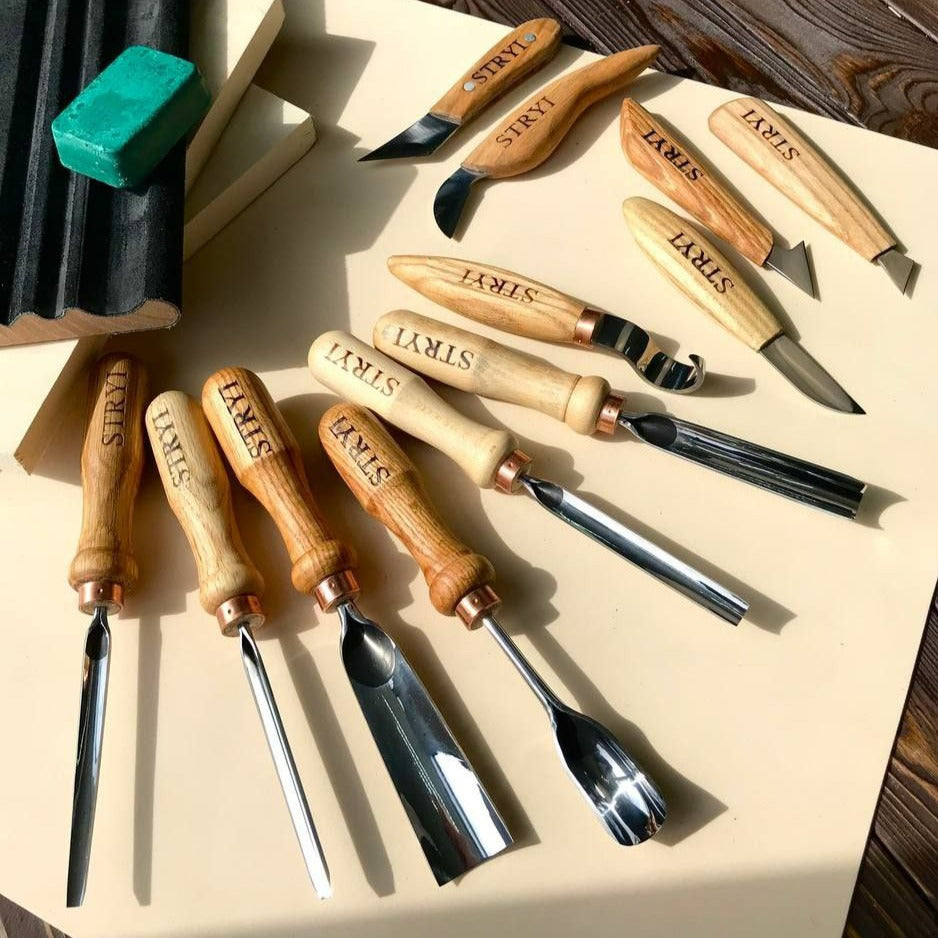 Wood carving  toolset 12 pcs Chisels and Gouges  STRYI Profi, Tools for wood carving, Woodworking kit