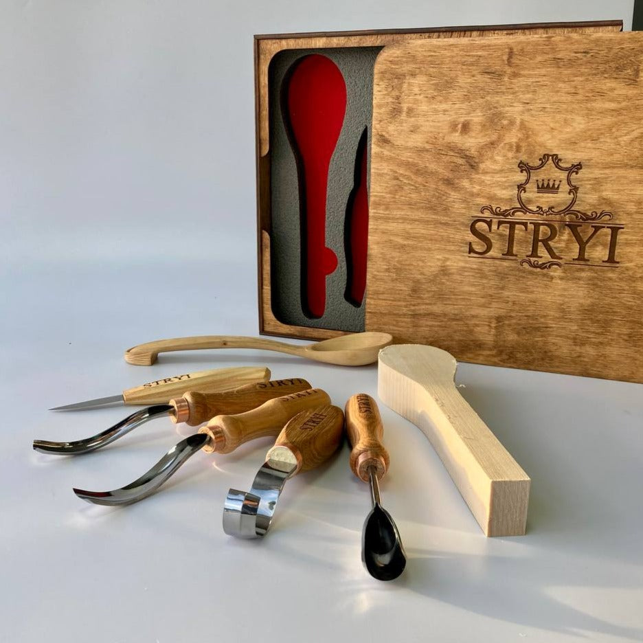 Spoon carving toolset 5pcs STRYI Profi in wooden gift box, Kuksa gouges, Bowl carving, Gift ready