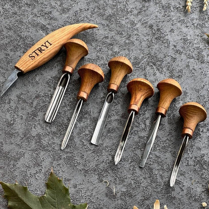 Wood carving tools set of 7 pcs, gravers and burins STRYI Start, linocutting set, detailed carving, microcarving