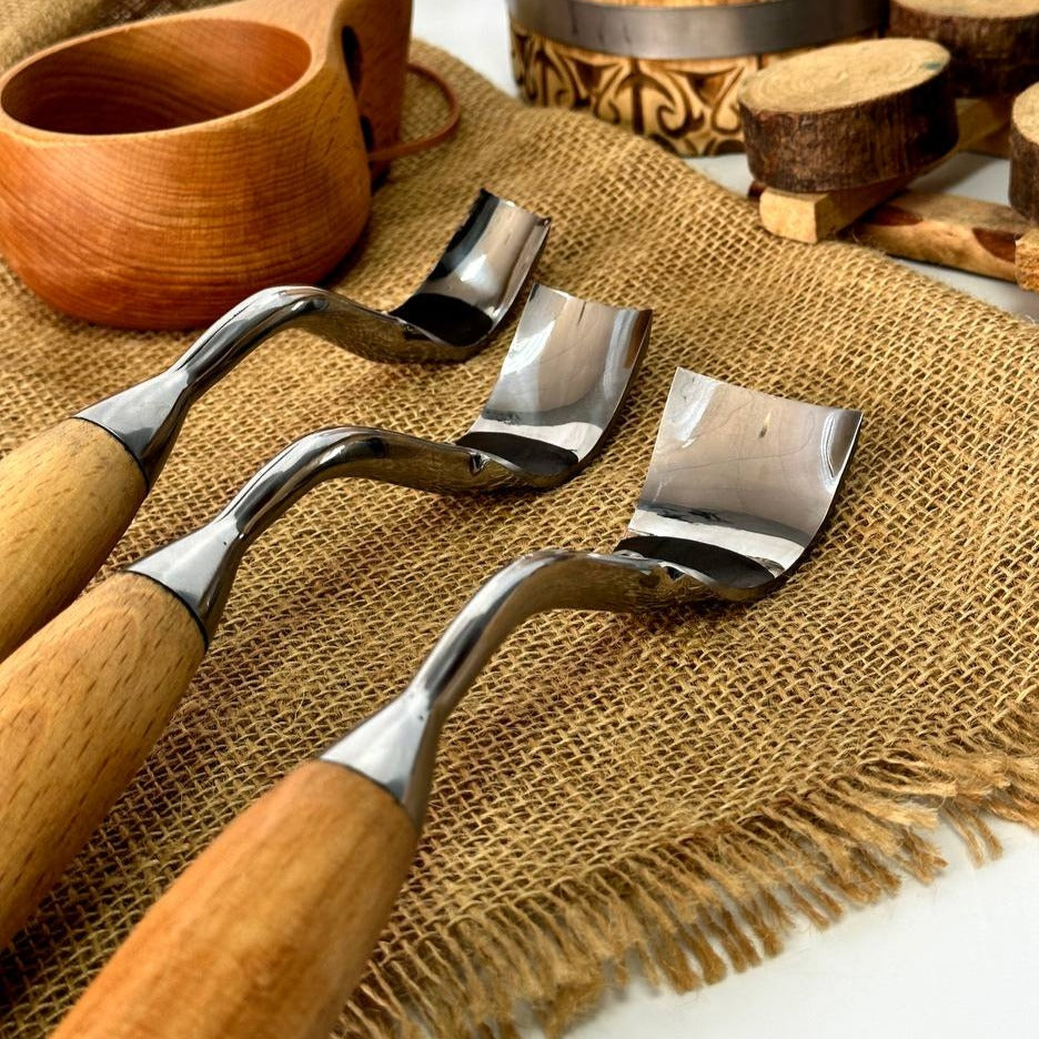 Bowl carving toolset of 3 large bent gouges STRYI Profi, Kuksa gouges