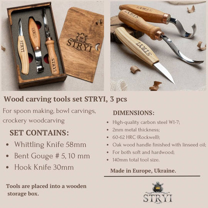 Spoon carving kit,  Wood carving set  3 pcs STRYI Profi, Carving tools, Hook knife, Spoon making