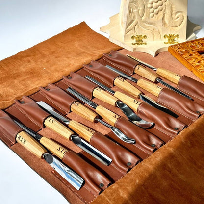 Wood carving kit for relief carving in leather case, 12pcs STRYI Profi, Chisels set, Gouges set, Gift ready