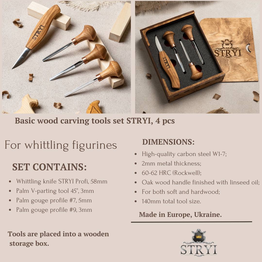 Basic wood carving figure tools set 4pcs STRYI wood carving tools, Сarving kit, Set for whittling figures