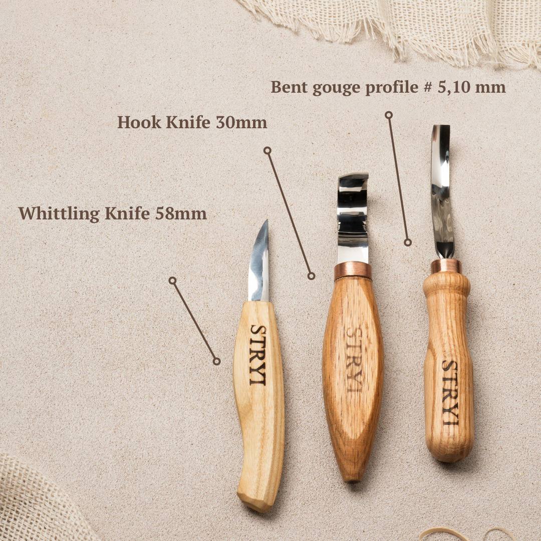 Spoon carving kit,  Wood carving set  3 pcs STRYI Profi, Carving tools, Hook knife, Spoon making