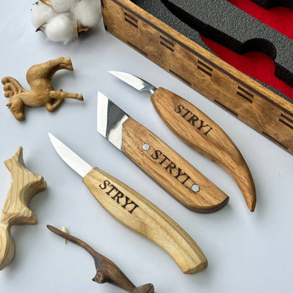 Wood Carving Knives set of 3pcs STRYI Profi in Wooden Storage Box