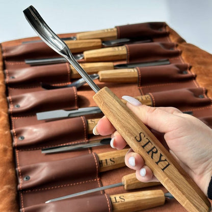 Wood carving kit for relief carving in leather case, 12pcs STRYI Profi, Chisels set, Gouges set, Gift ready