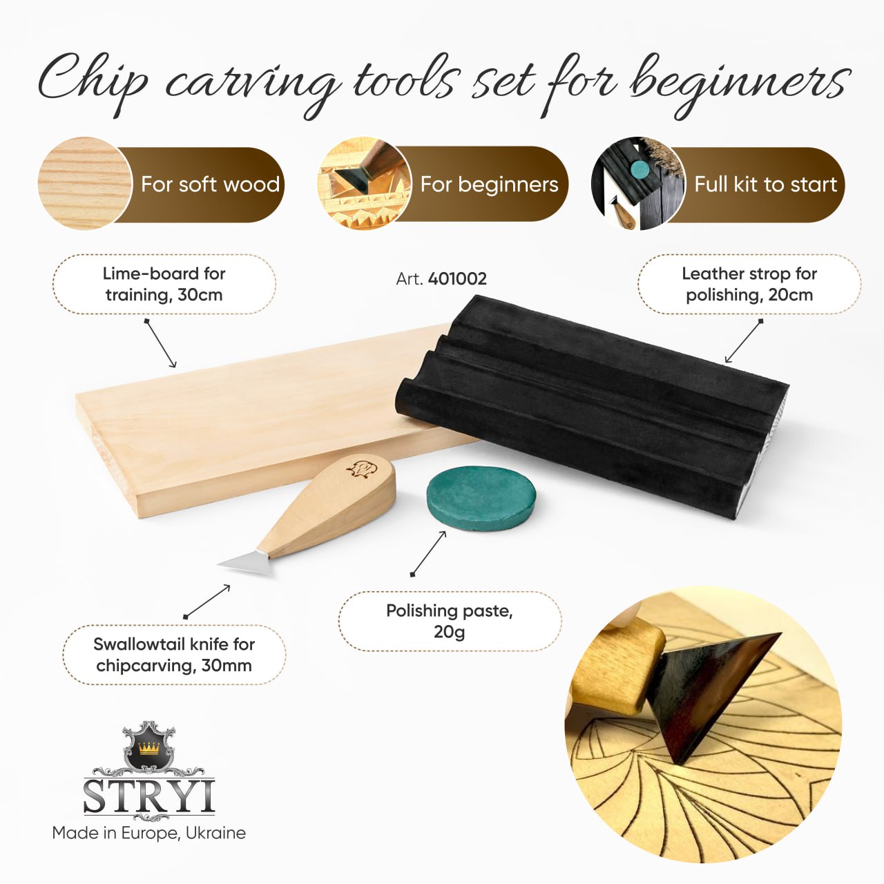 Basic tools set STRYI Start in woodcarving, Chip carving set