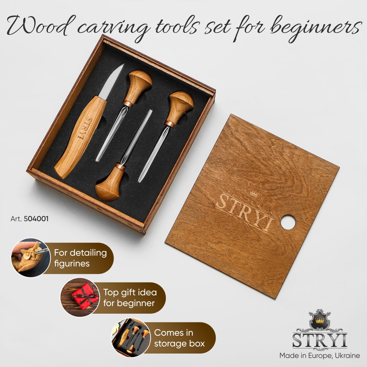 Basic wood carving figure tools set 4pcs STRYI wood carving tools, Сarving kit, Set for whittling figures