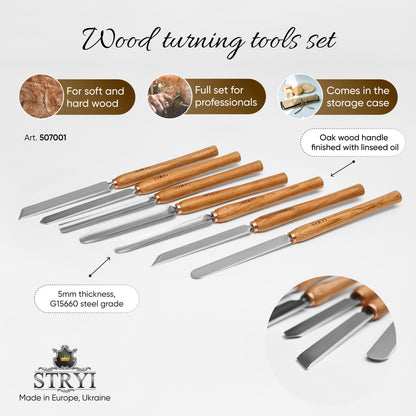 Wood carving set of 7 Wood turning tools STRYI Profi in roll-case