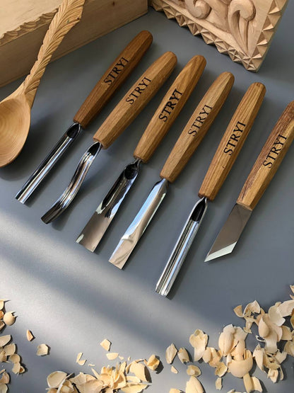 Wood carving tools set for relief carving 6pcs STRYI Profi, Gouges set, Chisels set, Gift for carver