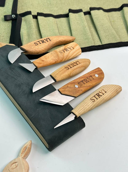 Wood carving knives set 5pcs in tarpaulin case STRYI, Stryi Carving knives