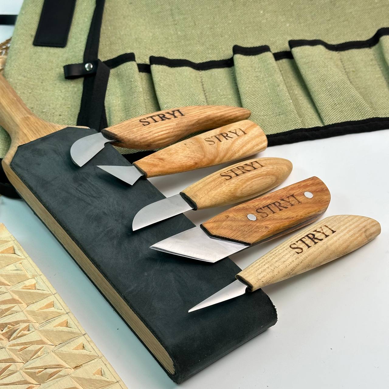 Wood carving knives set 5pcs in tarpaulin case STRYI, Stryi Carving knives